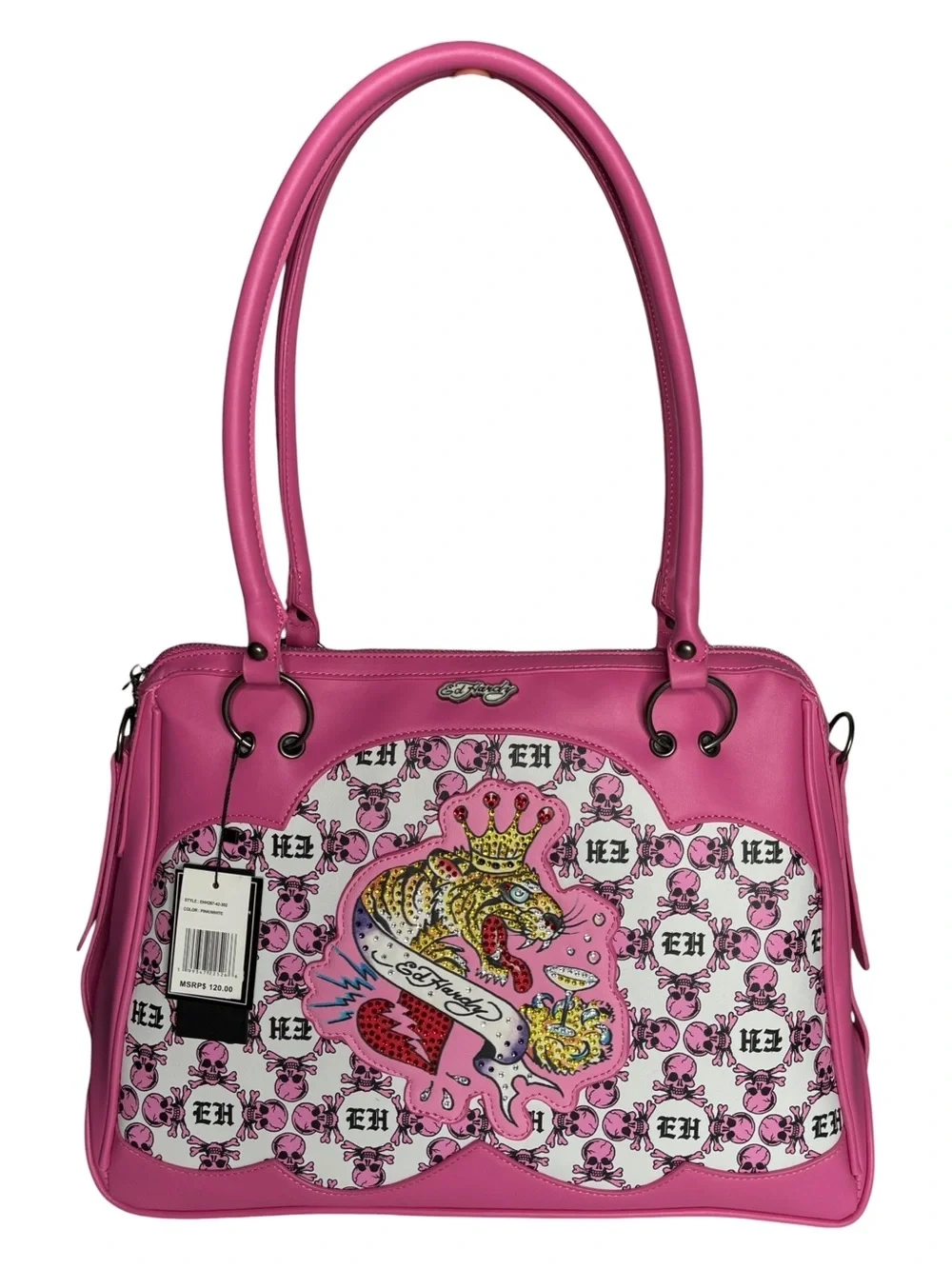 Ed Hardy Large Satchel Crossbody Bag Skulls Monogram Logo Bling Rhinestone Tiger